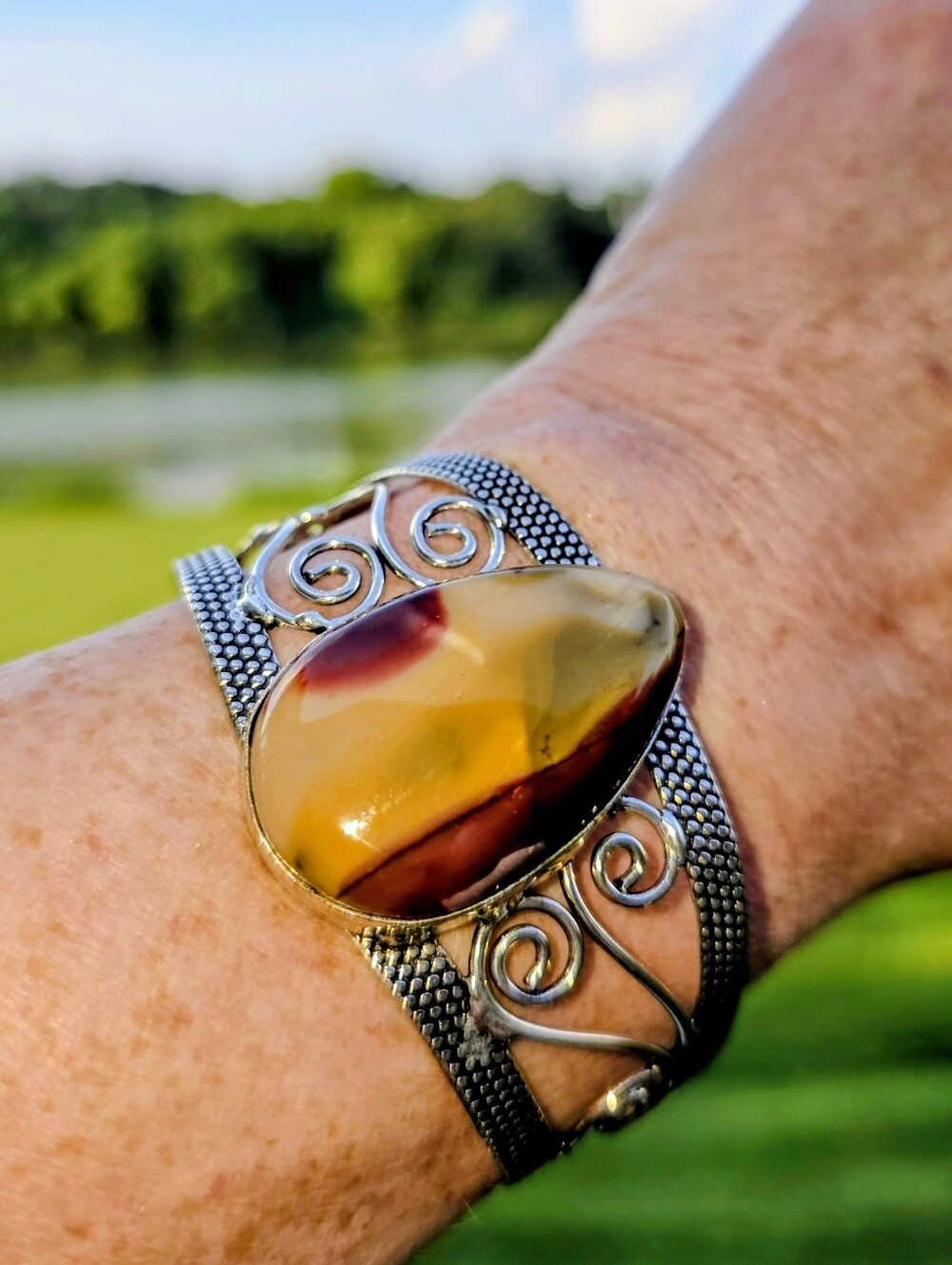 Mookaite Gemstone Cuff Bracelet In 925 Sterling Silver (Adjustable)